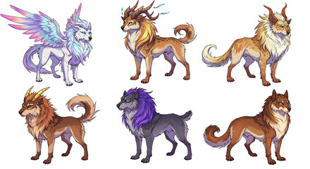 Obraz premium Set of fantasy dogs with different details on white background