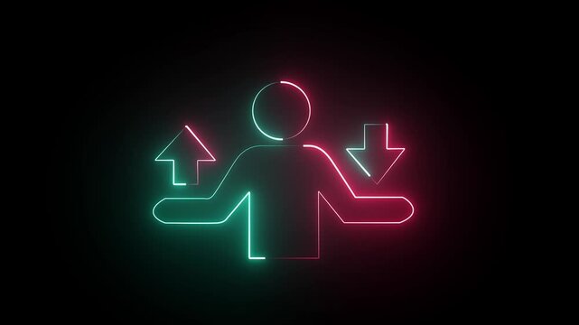 abstract glowing neon man with arrow animation on black background.