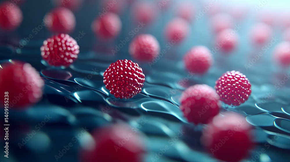 Poster microscopic red spheres on dark blue surface abstract background image 3d art dots cells shiny color