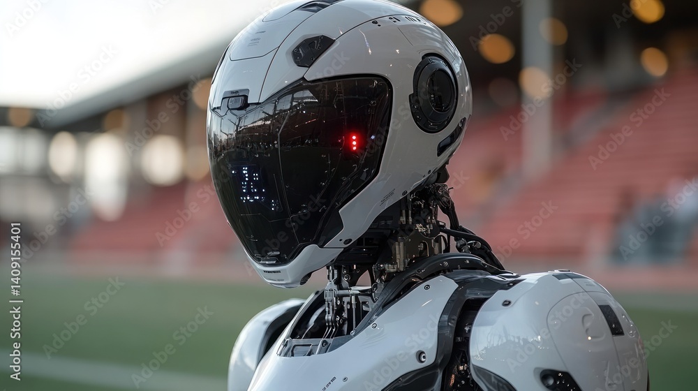 Poster futuristic robot in stadium setting: a glimpse into technological advancement