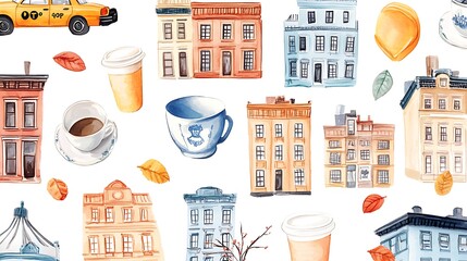 Watercolor autumn NYC scene with buildings, coffee, taxi.