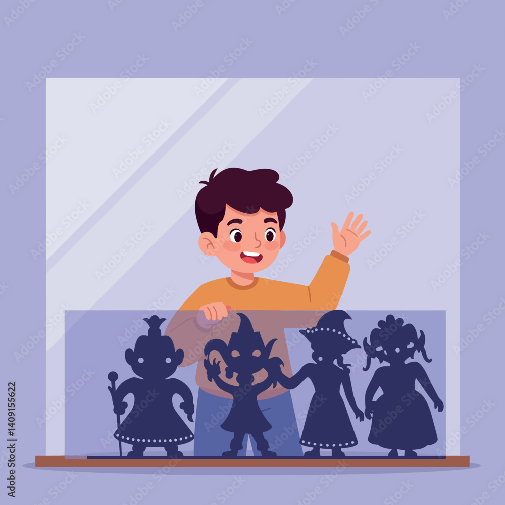 Poster a joyful boy interacting with colorful shadow puppets in a playful flat vector illustration depictin