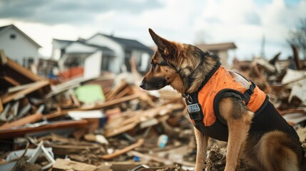 A rescue dog wearing a vest, assisting in a disaster zone after a hurricane. Featuring courage and help