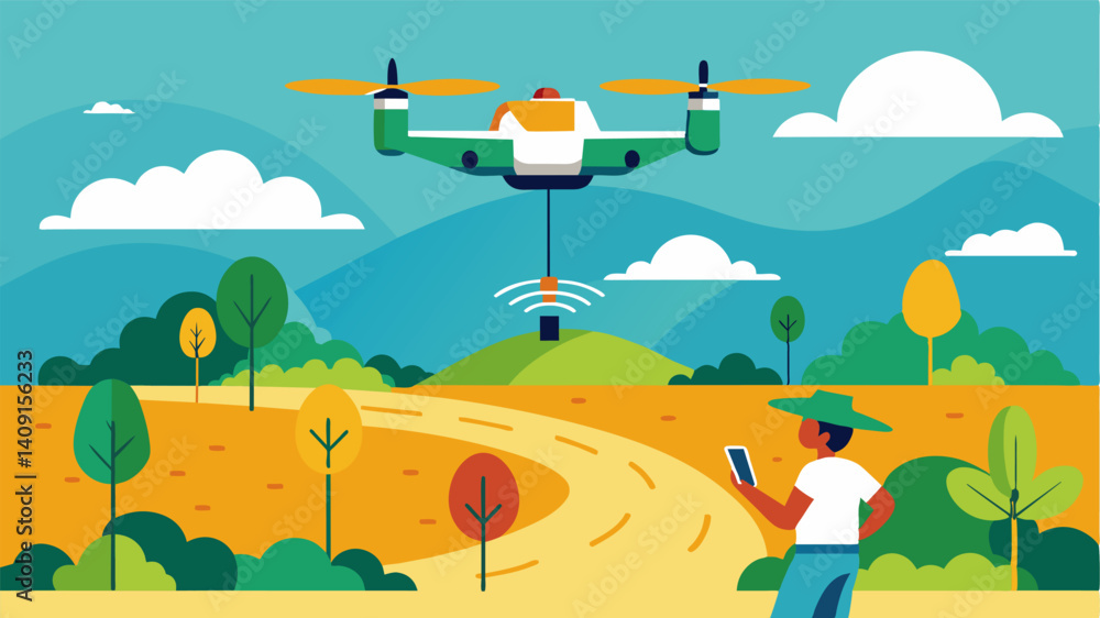 Poster in a remote farming community a group of autonomous drones provide crucial crop monitoring and analy