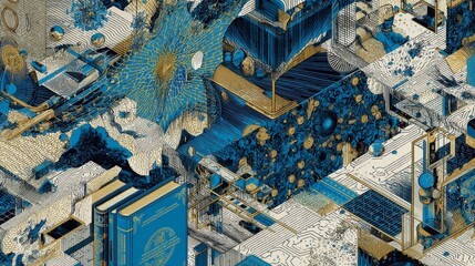 Futurist laboratory design, including luminous test tubes, molecular structures, mechanical pipelines, integrating metal cobalt blue and gold elements, science fiction and decorative art styles