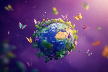 Naklejka premium Earth adorned with flowers, plants, and butterflies, a vibrant cosmic scene.