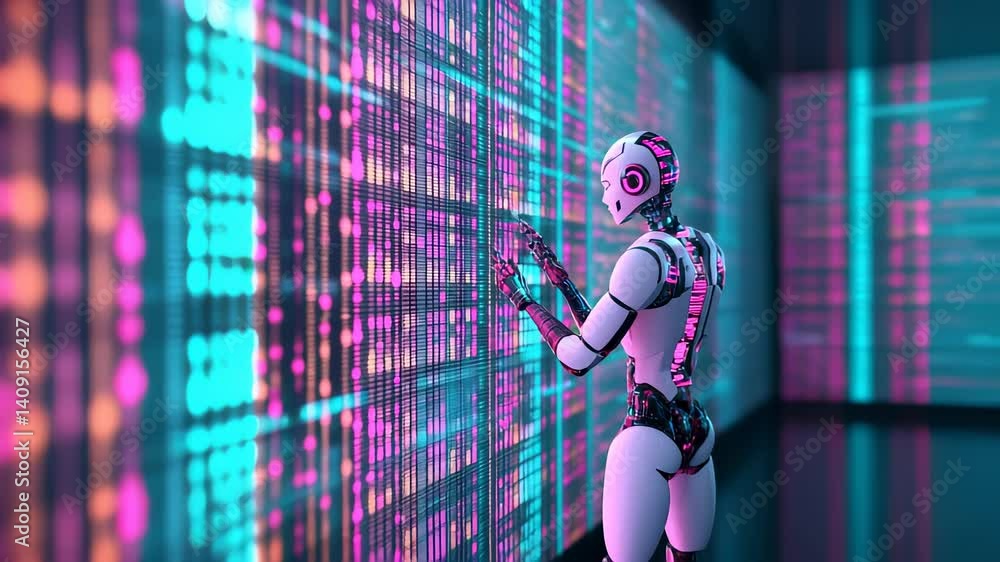 Poster futuristic robot interacting with digital interface
