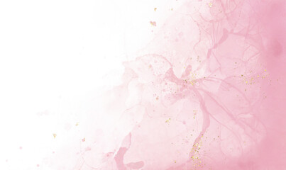 Abstract pink rose blush liquid watercolor background with golden lines, dots and stains. Pastel marble alcohol ink drawing effect. watercolour texture for cards, Brushstrokes and splashes