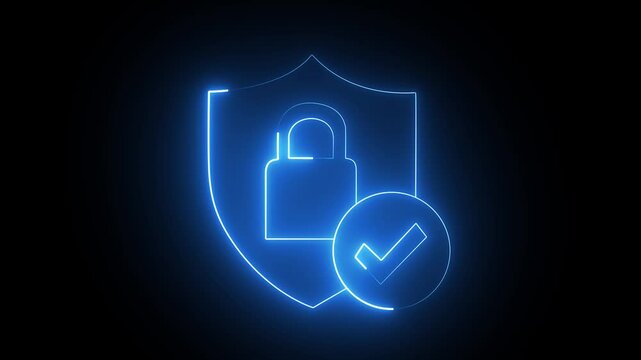 glowing neon blue color lock animation icon security privacy password protection safety animated on black background. 4k motion graphic animation.