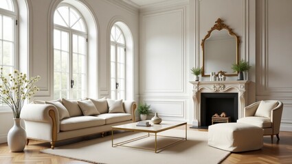 Fototapeta premium Elegant and bright living room with modern furniture and soft textures offering a cozy atmosphere for interaction