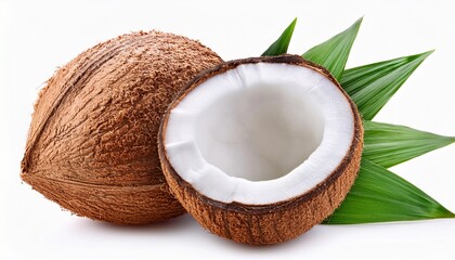 Coconuts with leaves on white background