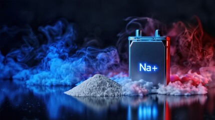 Square Na+ battery packed with white powder shows energy material concept in sodium ion batteries, na ion battery storage, and clean advanced technology