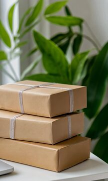 Three brown boxes stacked on top of each other with a white laptop in the background. The boxes are wrapped in white ribbon and the laptop is open