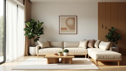 Fototapeta premium Sophisticated and spacious living room showcasing elegant design elements and modern decor for a luxurious feel