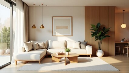 Fototapeta premium Elegant living room featuring a comfortable couch and stylish coffee table in a spacious and inviting environment