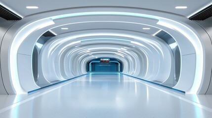 Fototapeta premium Futuristic white corridor with glowing blue lights in a modern design.