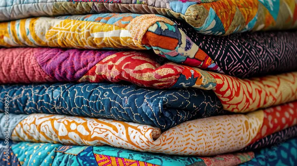 Poster colorful quilt collection showcasing various patterns folded neatly at a cozy home, colorful quilt w