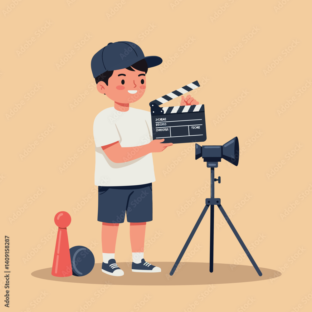 Poster young boy holding a clapperboard while setting up a camera on a tripod in a playful flat vector illu