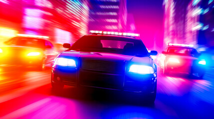 Naklejka premium Police cars traveling at high speed with flashing lights at night
