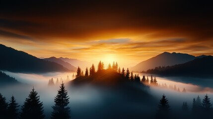 Fototapeta premium A breathtaking sunrise over misty mountains, illuminating the pine-covered hills.