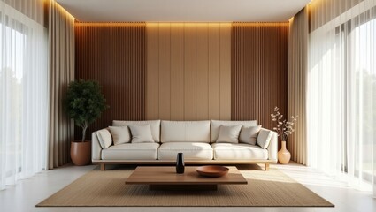 Fototapeta premium Contemporary living room space with minimalist design and elegant decorative touches for a chic atmosphere
