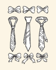 Bow tie and neck tie.hand drawn Vector illustration isolated on white background.