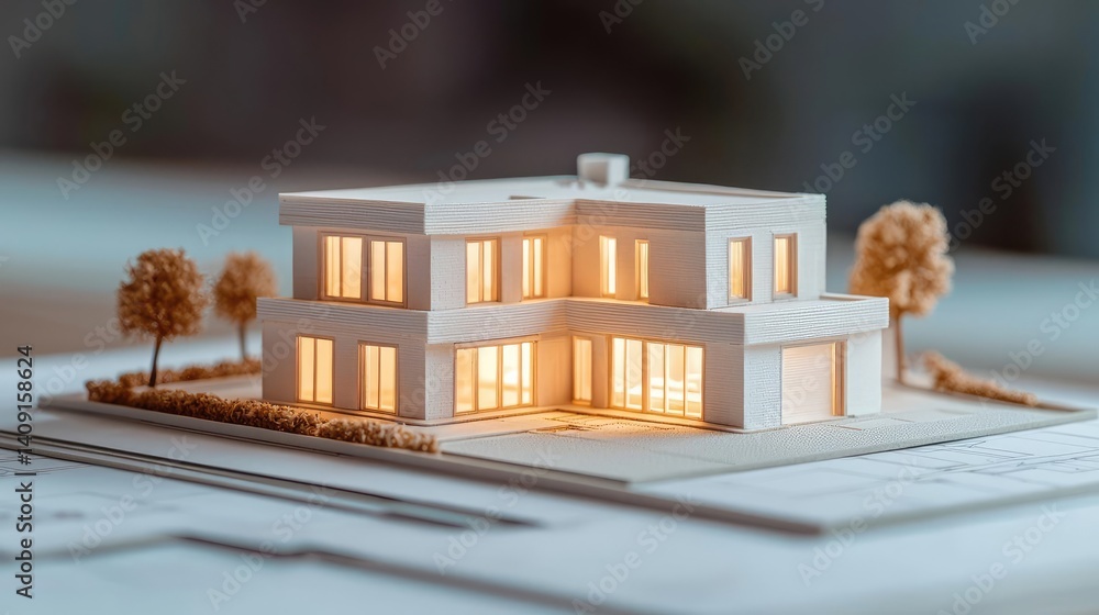 Poster Building house on blueprint with vignetting and construction concept. Detailed architectural model of a modern house with lighting.