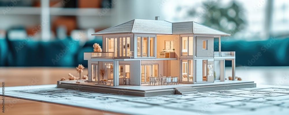Poster Building house on blueprint under plan and architecture concept. A detailed model of a modern house showcasing innovative design.