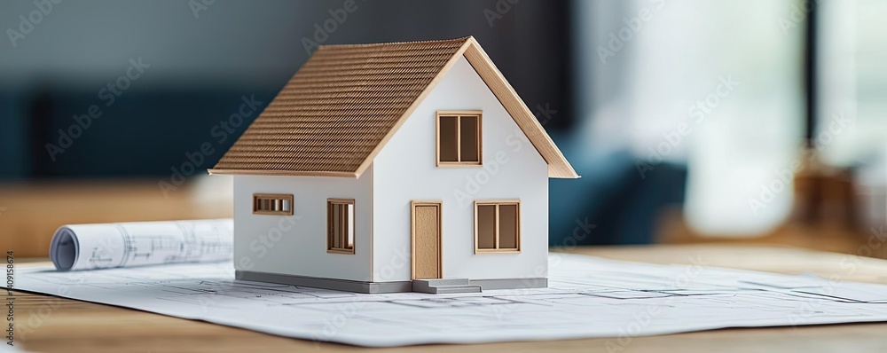 Aufkleber building house on blueprint under plan and architecture concept. model house on blueprints showcasin