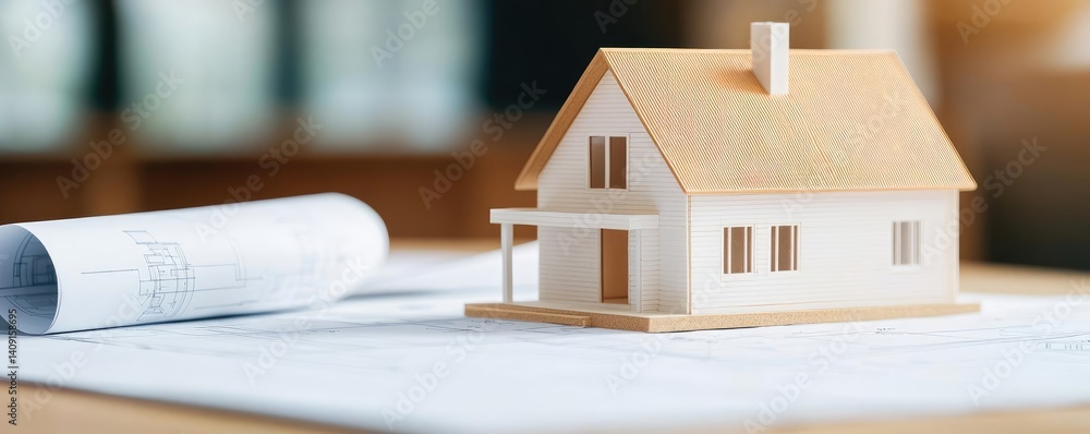 Poster building house on blueprint under plan and architecture concept. model house on blueprint, represent