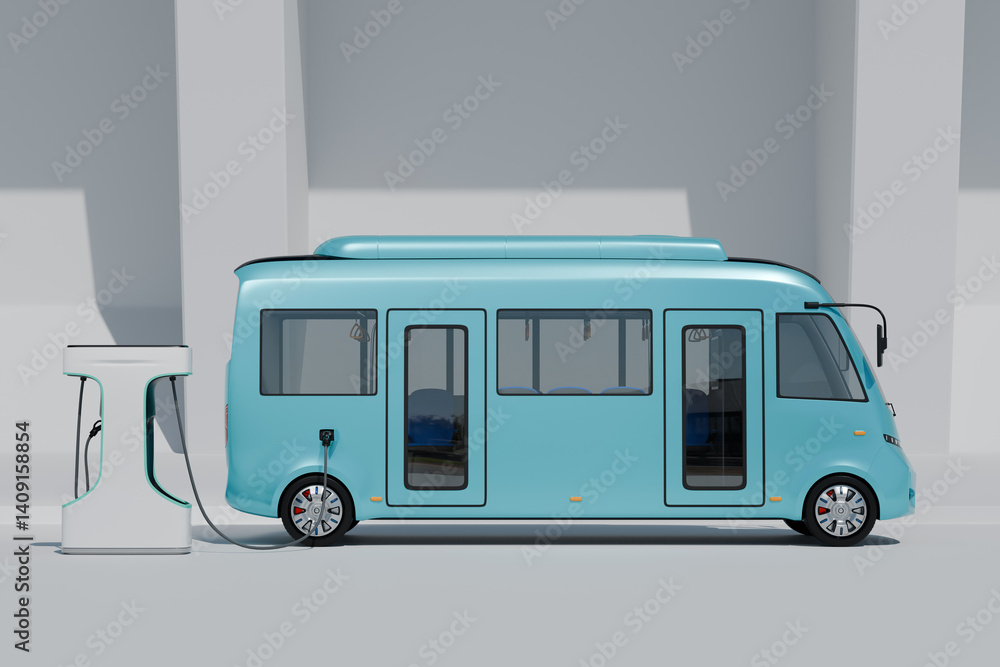 Aufkleber side view of blue electric bus charging on monolithic background. generic design. 3d rendering image