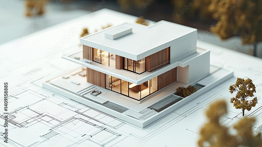 Poster Building house on blueprint under plan and architecture concept. Modern architectural model showcasing innovative design elements.