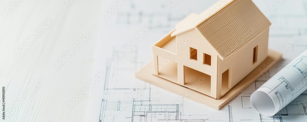 Fototapete Building house on blueprint with vignetting and construction concept. Miniature house model on architecture blueprint for design projects.