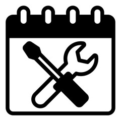 Calendar paper with repair date solid icon, master service labor concept. Vector graphics. Screwdriver and wrench page sign on white background, glyph style mobile or design.
