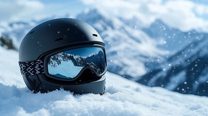 Black ski helmet and goggles on snow, mountain backdrop, winter scene