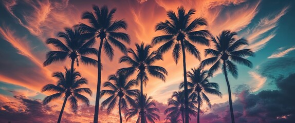 Double exposure of palm tree silhouettes with abstract sunset textures