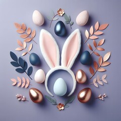 Elegant Easter flat lay featuring bunny ears, metallic and pastel eggs, and decorative floral elements arranged on a soft lavender background, perfect for festive spring design