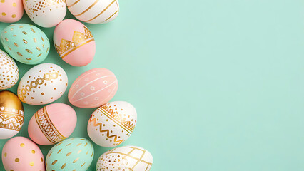 Stylish Pastel Easter Eggs with Gold Decorations on Mint Background – Festive Flat Lay for Spring Celebration