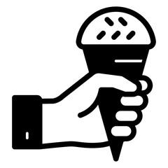 Hand holding ice cream solid icon, eat what you want concept. Vector graphics. Dairy, icecream waffle cone sign on white background, glyph style mobile or design.