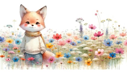 Fototapeta premium Adorable Fox Kit in a Colorful Wildflower Meadow Illustration