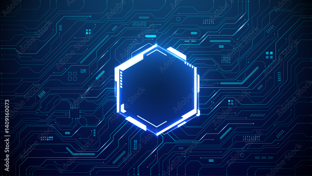 Poster Technology quantum blue AI portal on circuit motherboard with thin line glowing wires. Tech background. Chip concept. Abstract light neon hexagon frame HUD. Computer digital bg. Vector illustration