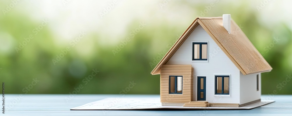 Poster Building house on blueprint under plan and architecture concept. Miniature house model on a table with a blurred background.