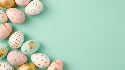 Stylish Pastel Easter Eggs with Gold Decorations on Mint Background – Festive Flat Lay for Spring Celebration