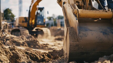 Fototapeta premium Construction worker operating a backhoe on a construction site. Featuring heavy machinery and skill