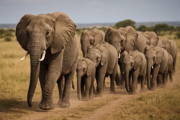 Naklejka premium a majestic herd of African elephants walking through an open savanna