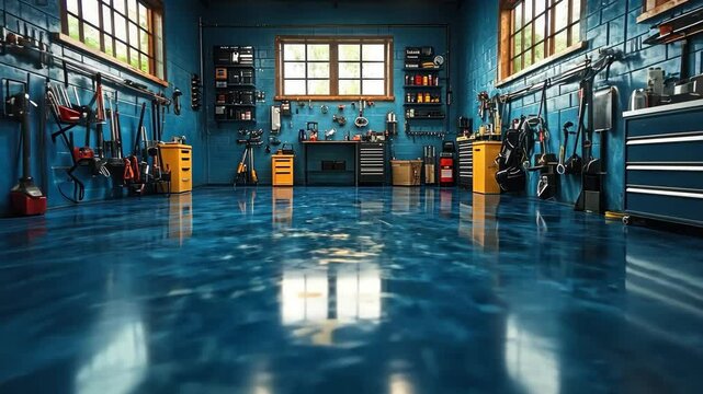 Organized and well-lit workshop with a blue epoxy floor, showcasing an array of tools and equipment neatly arranged on the walls and workbenches.