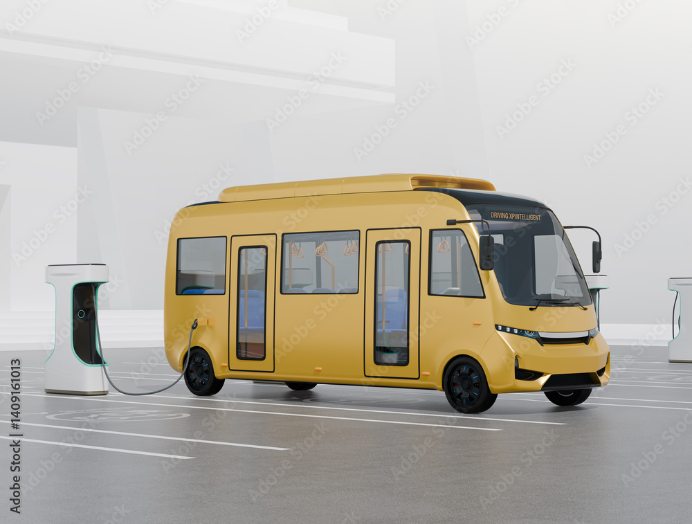 Aufkleber yellow electric bus charging on simple background. generic design. 3d rendering image.