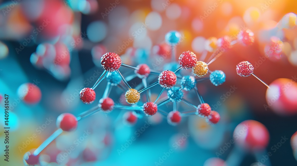 Poster abstract colorful molecular structure science background image 3d red art blue atoms shiny cells