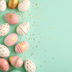 Stylish Pastel Easter Eggs with Gold Decorations on Mint Background – Festive Flat Lay for Spring Celebration