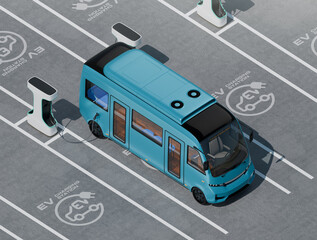 Isometric view of blue Electric Bus charging on Electric Bus Charging Station. 3D rendering image.
